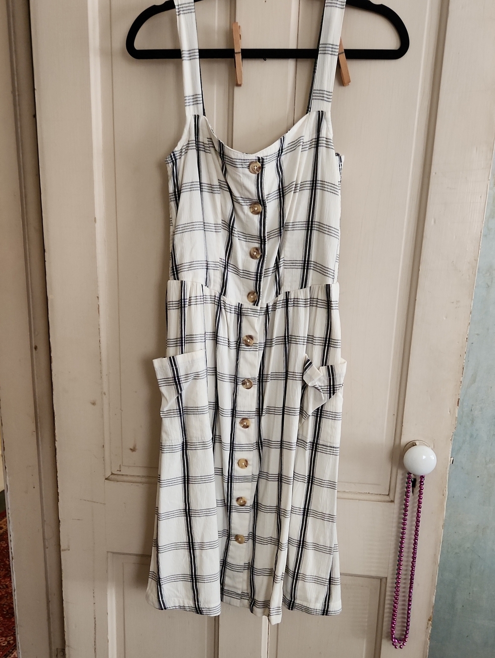 Fat Face White Dress with Black Windowpane Plaid and Button Front